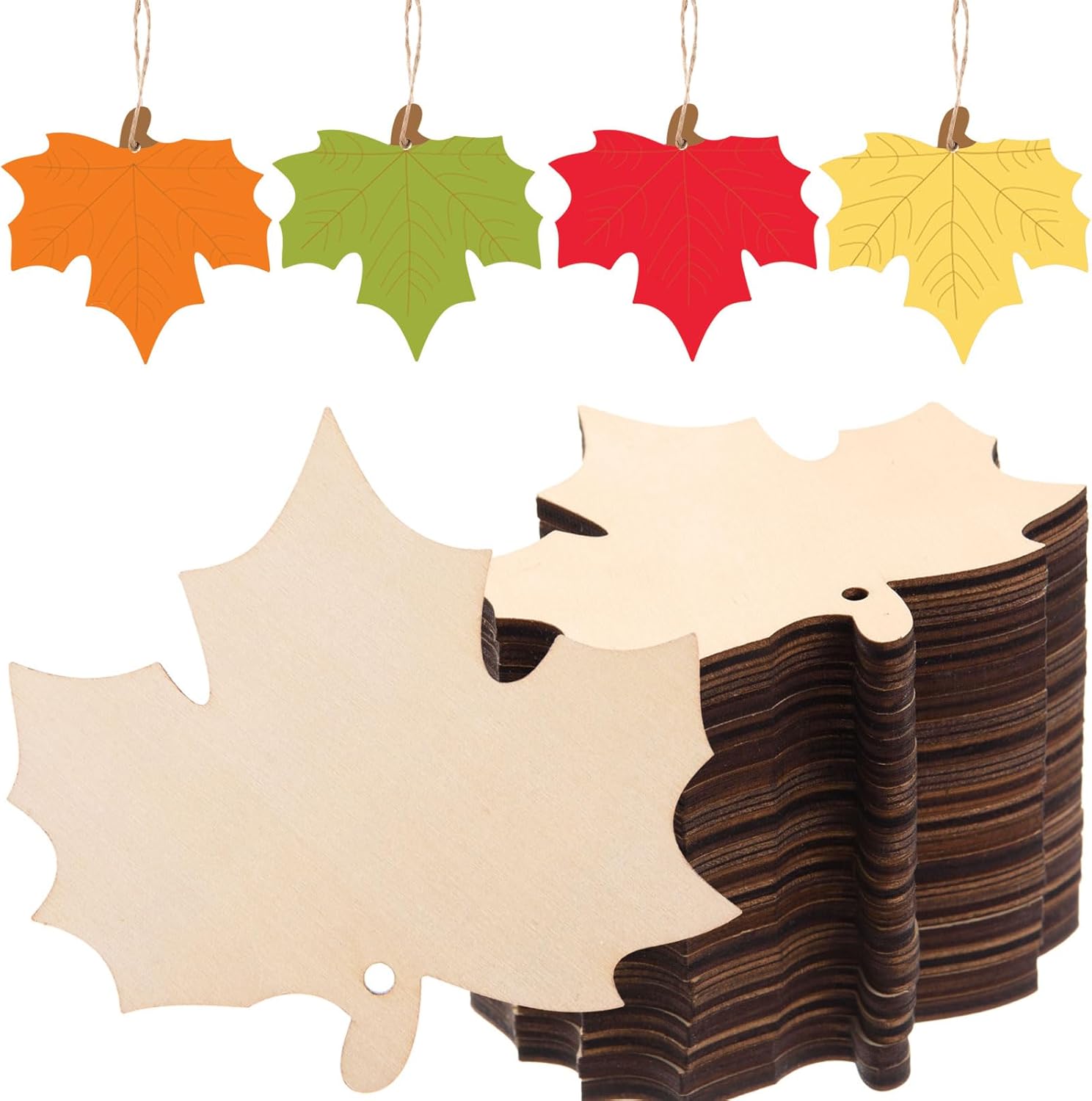 AWIZOM 60 Pcs Unfinished Fall Leaf Wooden Ornaments Wooden Maple Leaf Cutouts with Hole Blank Wood Maple Leaves Slice with Twine for DIY Craft Tags Autumn Harvest Thanksgiving Hanging Decor,4.13x3.94