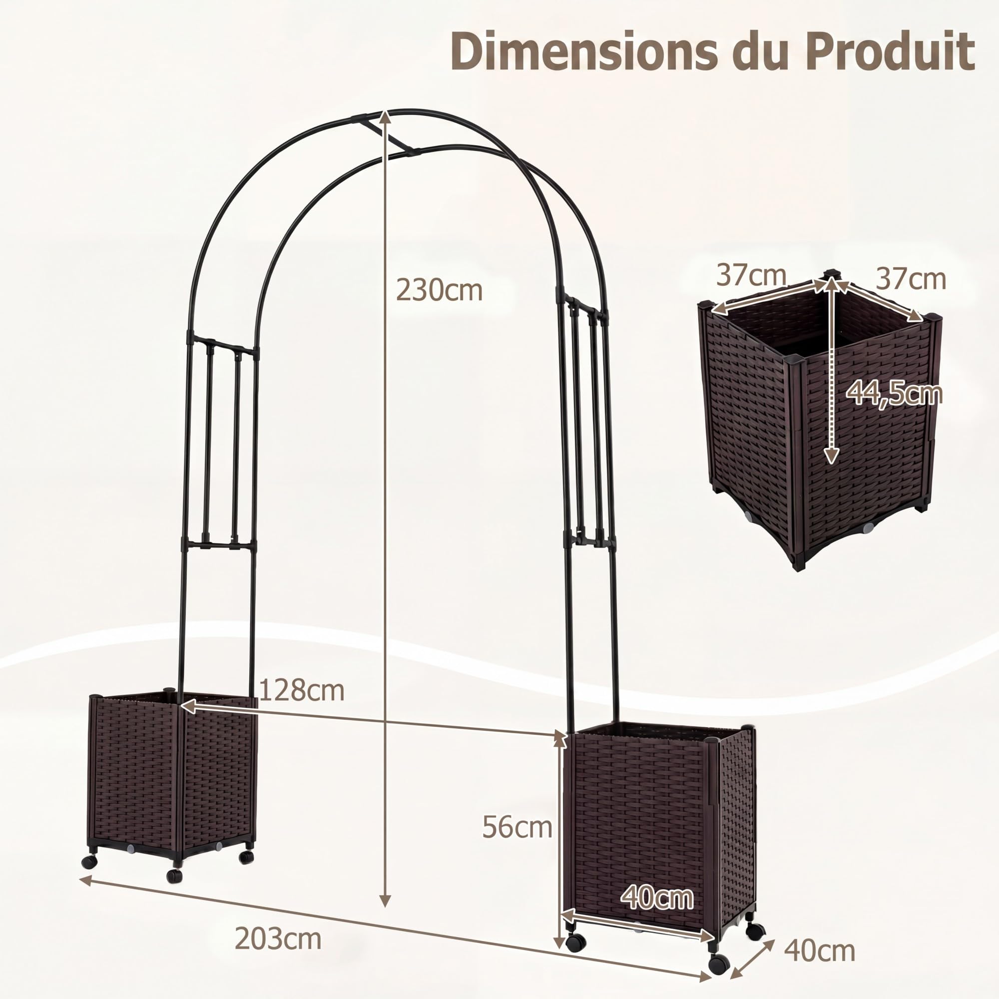 GOPLUS Arche de Jardin avec 2 Jardinères Surélevées, Roues Verrouillables, Arche Rosier avec Treillis Arqué, Auto-Arrosage pour Plantes Grimpantes, Fleurs, Herbes, Légumes, Fruits (203x40x232CM)