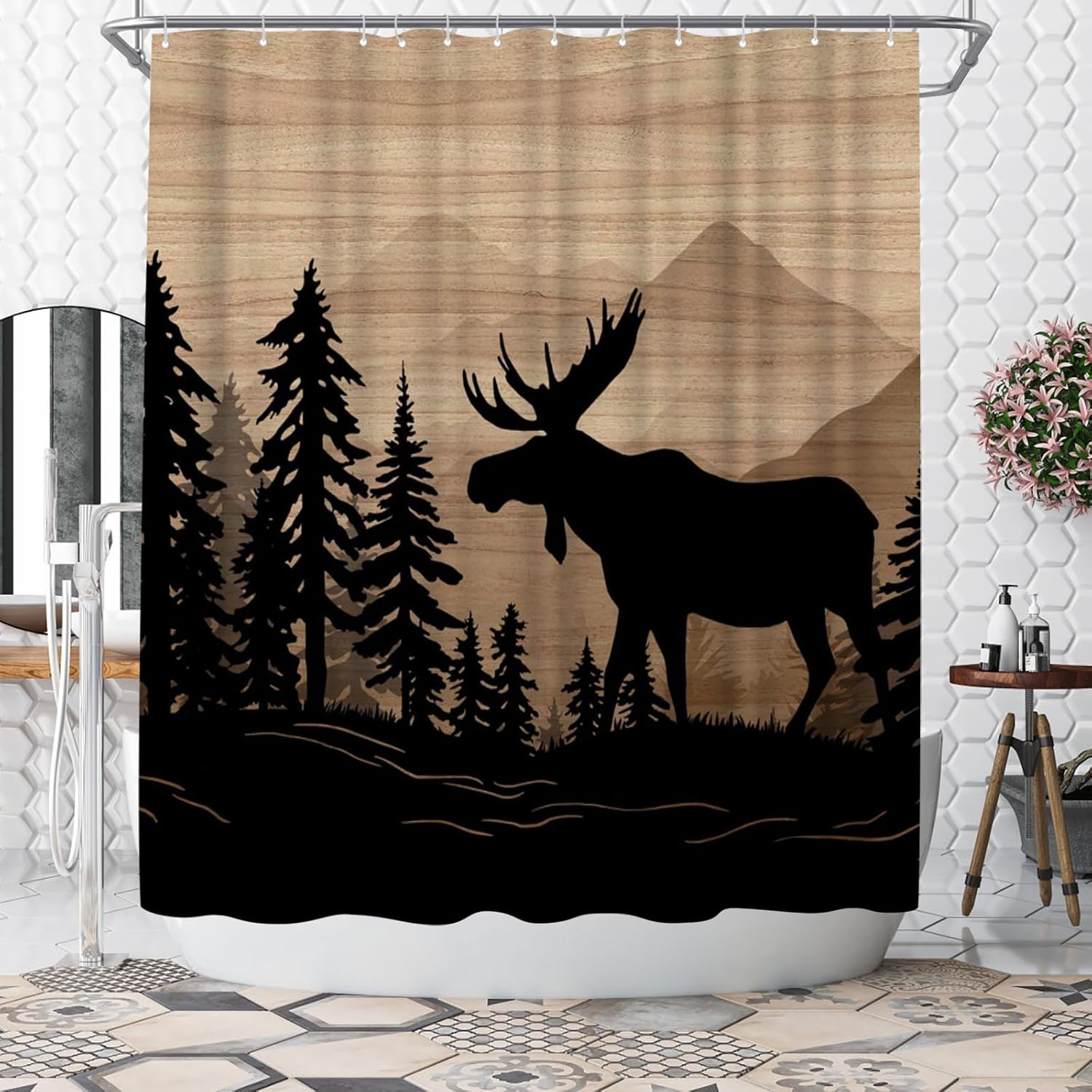 WELMECO Moose Shower Curtain Rustic Cabin Forest Shower Curtain Moose Print Bathroom Decor 72x72inch Polyester Fabric