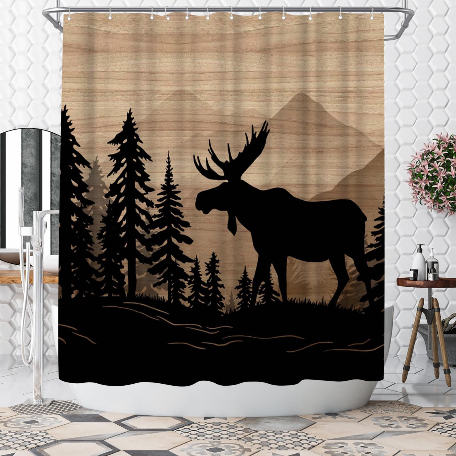 WELMECO Moose Shower Curtain Rustic Cabin Forest Shower Curtain Moose Print Bathroom Decor 72x72inch Polyester Fabric