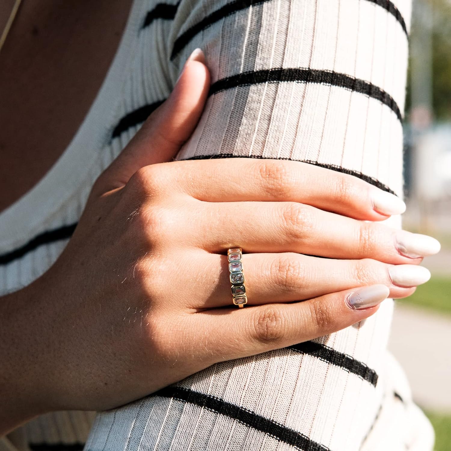 Emerald Cut Bezel Set CZ Halfway Eternity Band | 7 Stone Wedding Anniversary Band Bridal Set