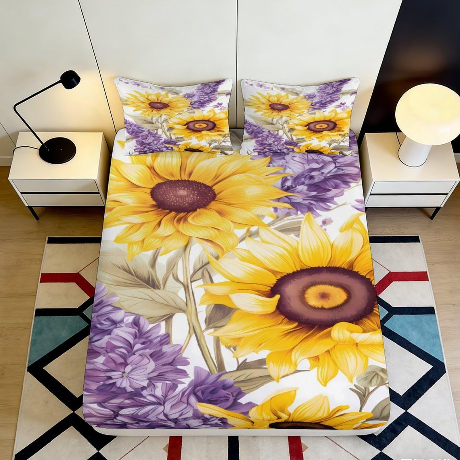 Pnayamiorkfel Style-5 3D Printed Sunflower Floral Fitted Sheet Microfiber Soft Breathable Purple Blossom Mattress Cover Bedroom Decor 90X200x25cm