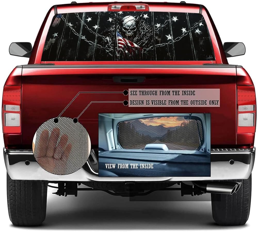 Horror Skulls Pickup Truck Decals Rear Window, Abstract Gothic Skeleton American Flag Automotive Decals and Graphics Rear Window Decals for Trucks, Car Window Decal Sticker 66 x 22 inch