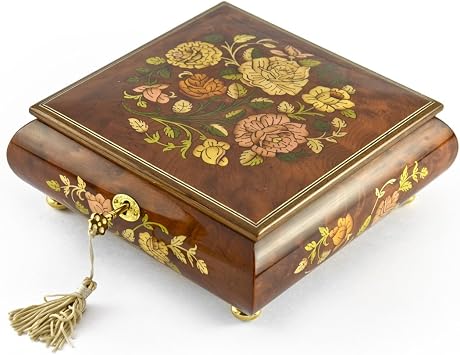 MusicBoxAttic Gorgeous 18 Note Spring Roses Inlay Musical Jewelry Box with Lock and Key - Many Songs to Choose - Daddys Little Girl