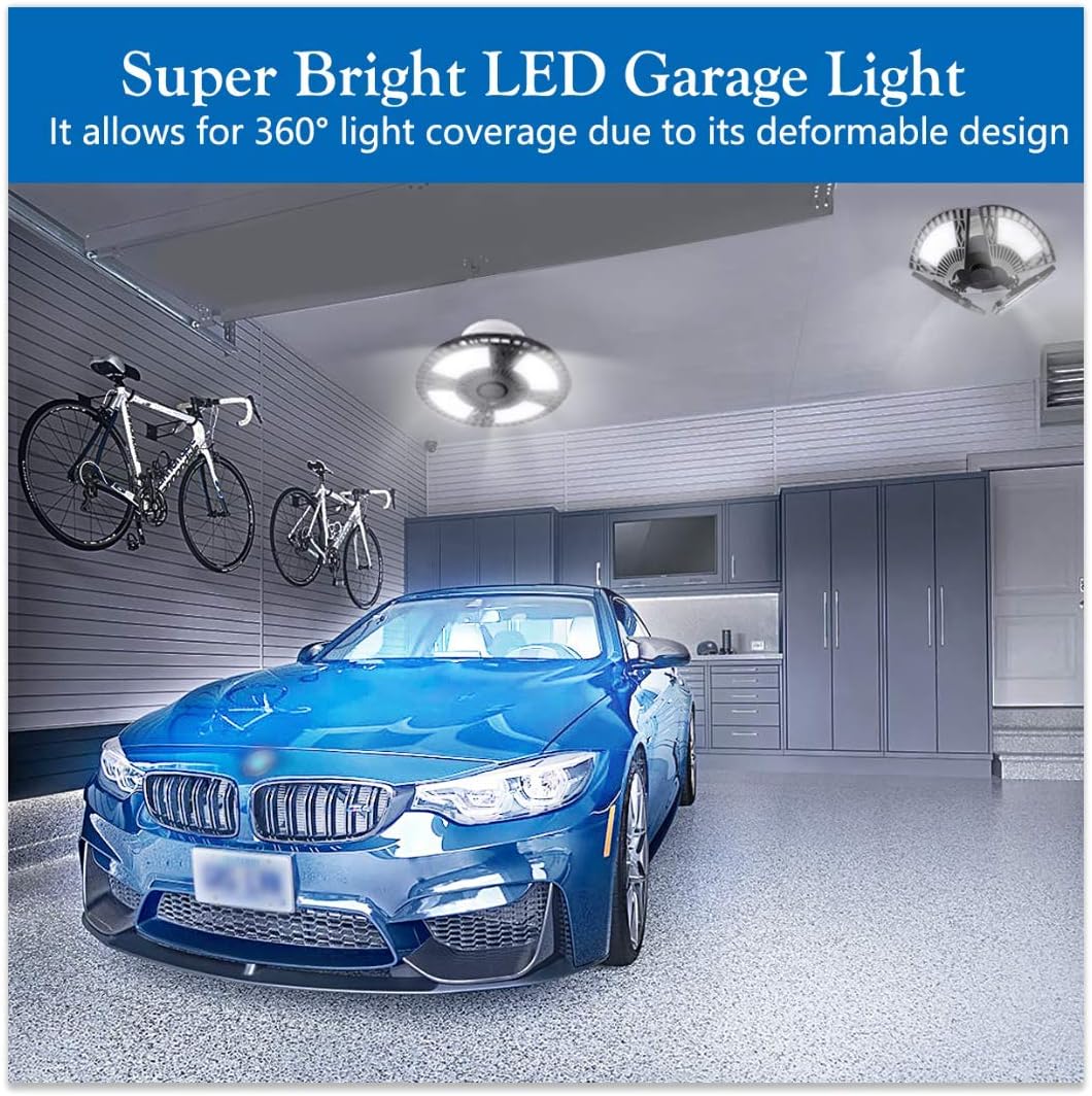 ROTTOGOON LED Garage Lights, 60W Deformable LED Garage Ceiling Lights 6000LM 6500K with 4 Adjustable Panels E26/E27 for Garage, Basement, Warehouse, Workshop, Shop, Barn
