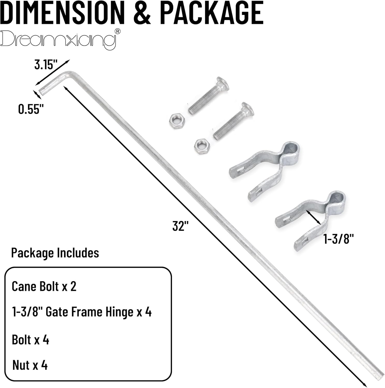Gate Drop Rod for Chain Link Fence, 32" x 1-3/8" Heavy Duty Cane Bolt Galvanized Steel Hardware Ground Latch for Single or Double Gate in Yard, Garden, Farm (2 Pack)