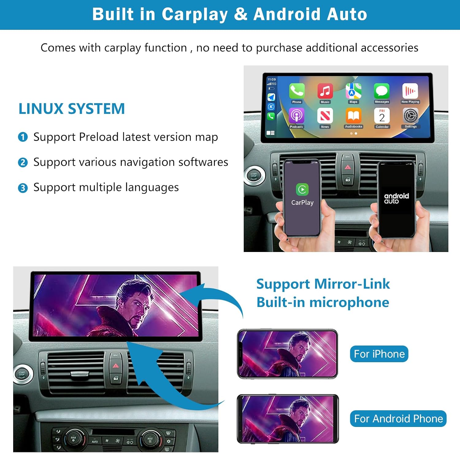 Built-in CarPlay and Android Auto functionality