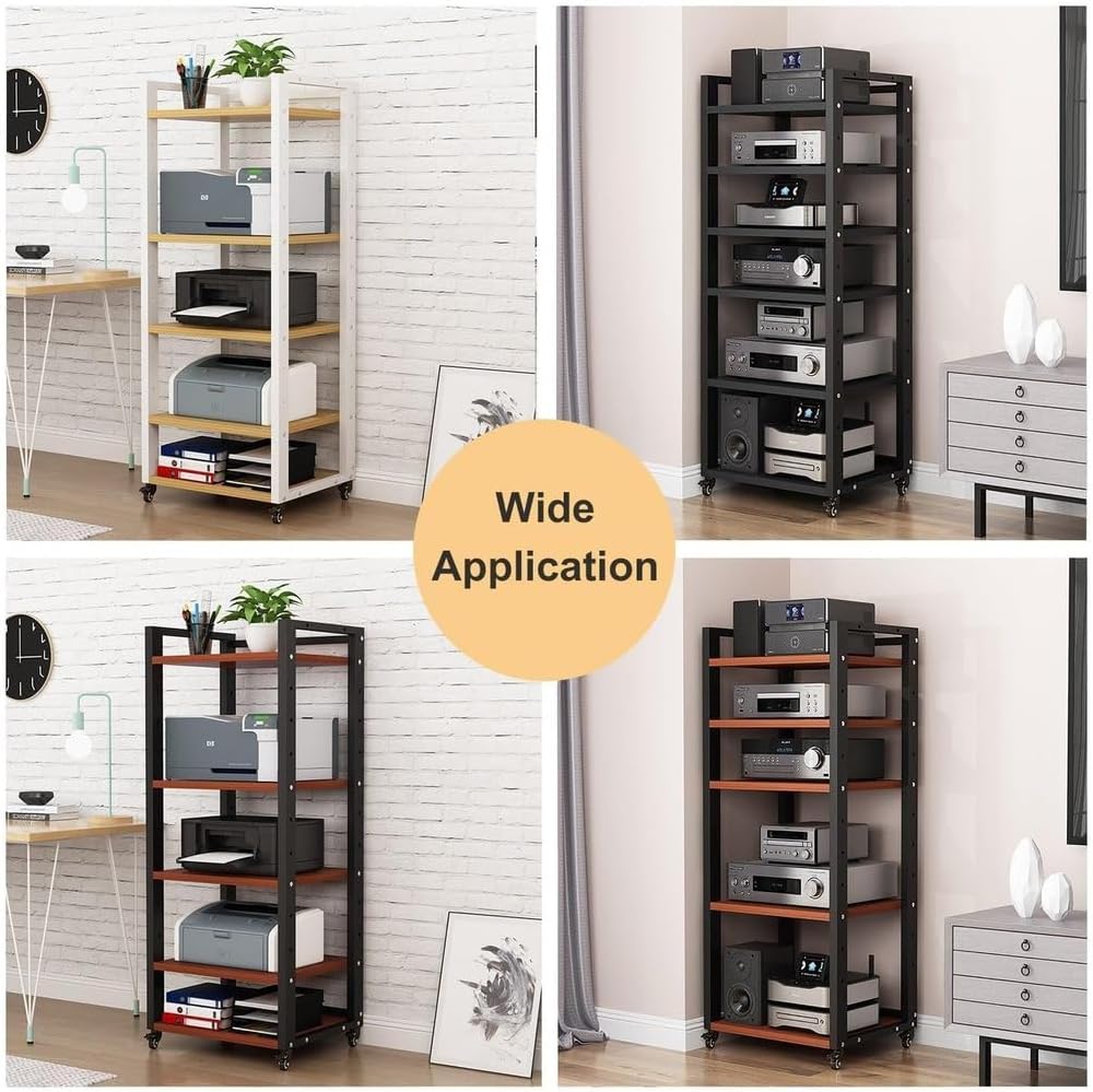 7-Tier AV Media Stand Audio Rack Stereo Cabinet Adjustable Media Storage Shelves with Wheels CD Player Video Game Console Shelf Entertainment Component Stand,A