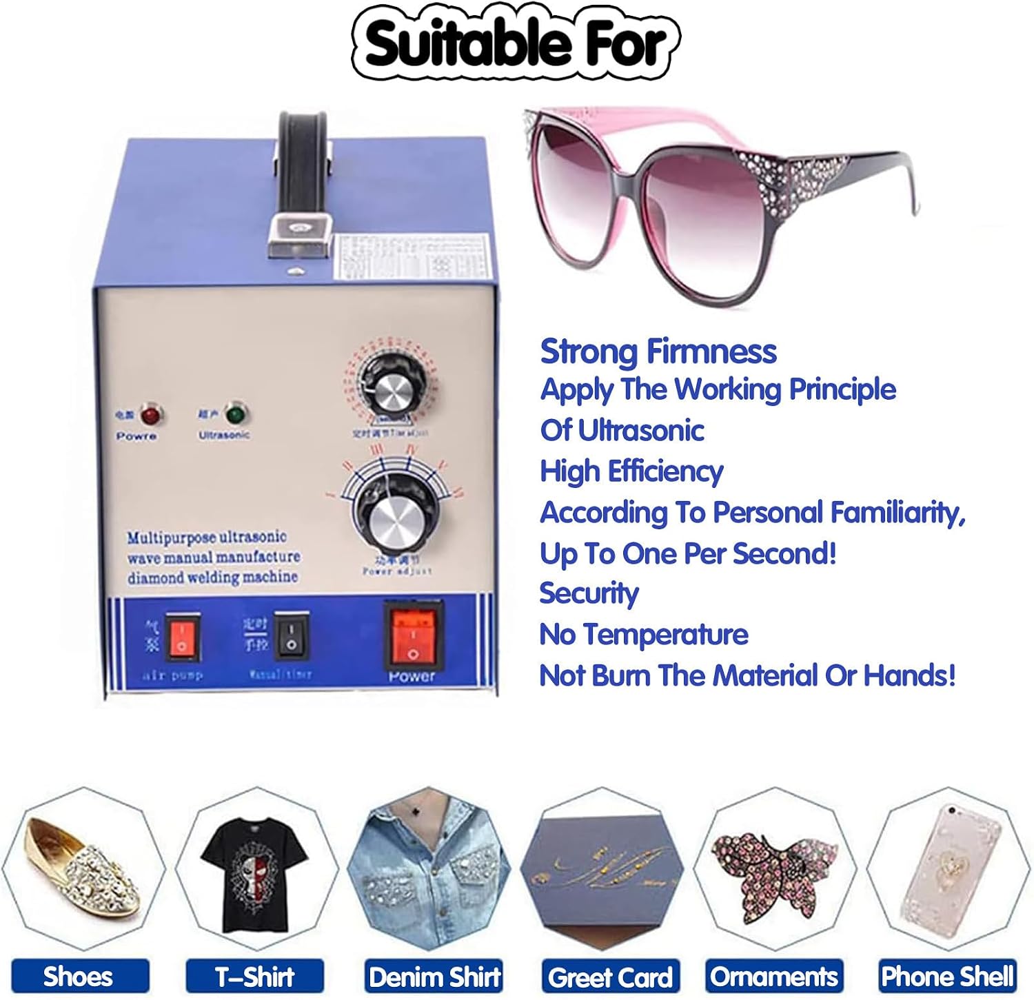 Ultrasonic Pearl Setting Machine, Hotfix Rhinestone Applicator, DIY Beads Rhinestone Press Fixing Machine, 80Pcs/Min Hot Fix Rhinestone Wand Setter Tool Crystal Bling Machine