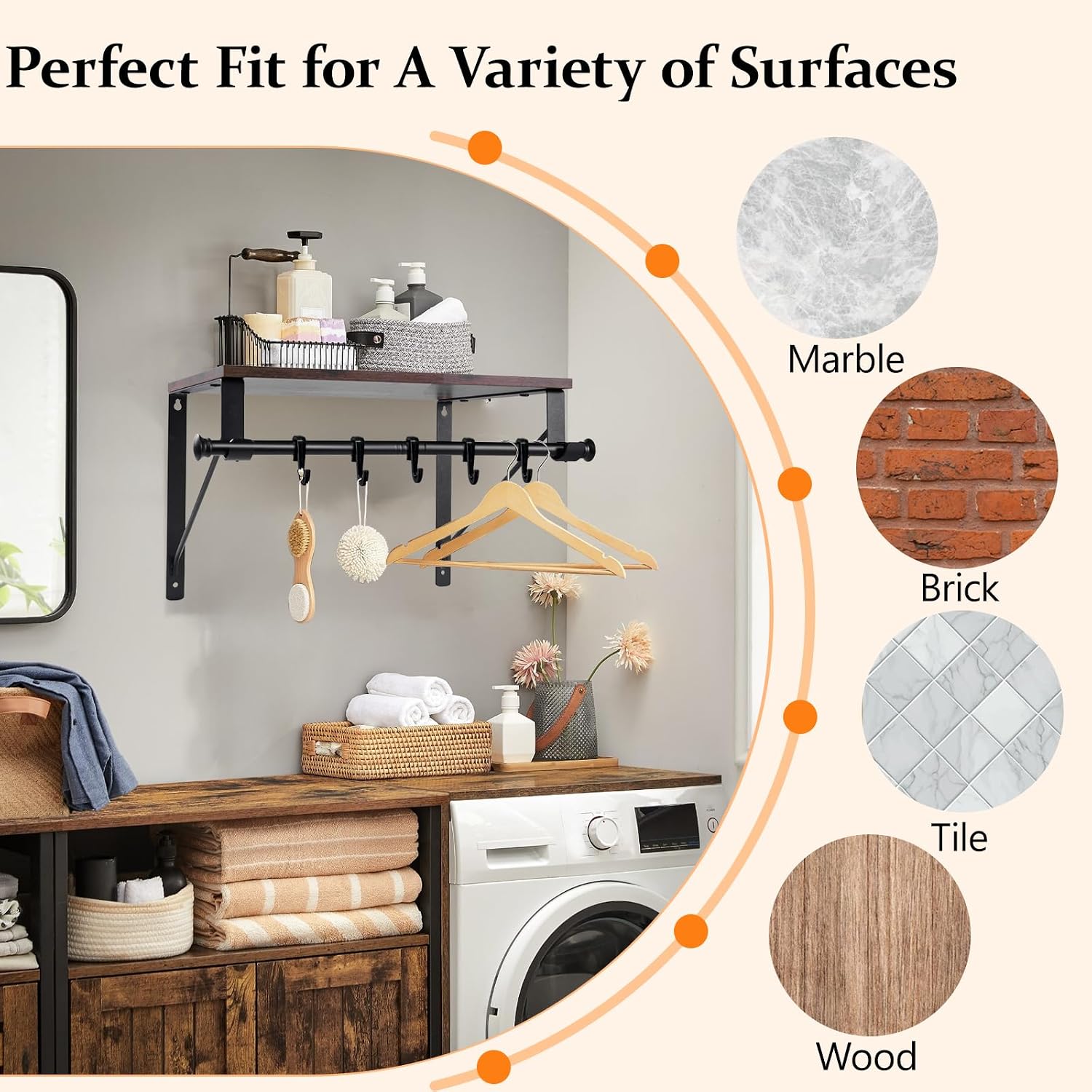 Pragmatist Wall Mounted Laundry Room Garment Rack with Wooden Shelf