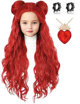 Kids Costume Wig with Buns and Red Necklace Earrings Long Wavy Hair Wigs for Girls Halloween Cosplay