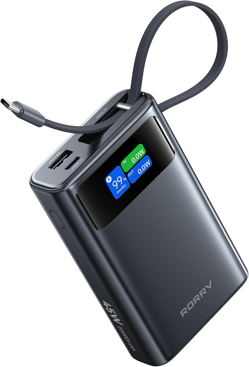 RORRY 45W Portable Charger, 20000mAh Power Bank Fast Charging with Extended Built-in USB C Cable, Travel Battery Pack for iPhone 17/16/15, Samsung Galaxy, Google, iPad, MacBook, Dark Gray