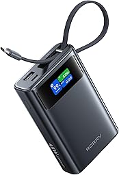 RORRY 45W Portable Charger, 20000mAh Power Bank Fast Charging with Extended Built-in USB C Cable, Travel Battery Pack for iPhone 17/16/15, Samsung Galaxy, Google, iPad, MacBook, Dark Gray
