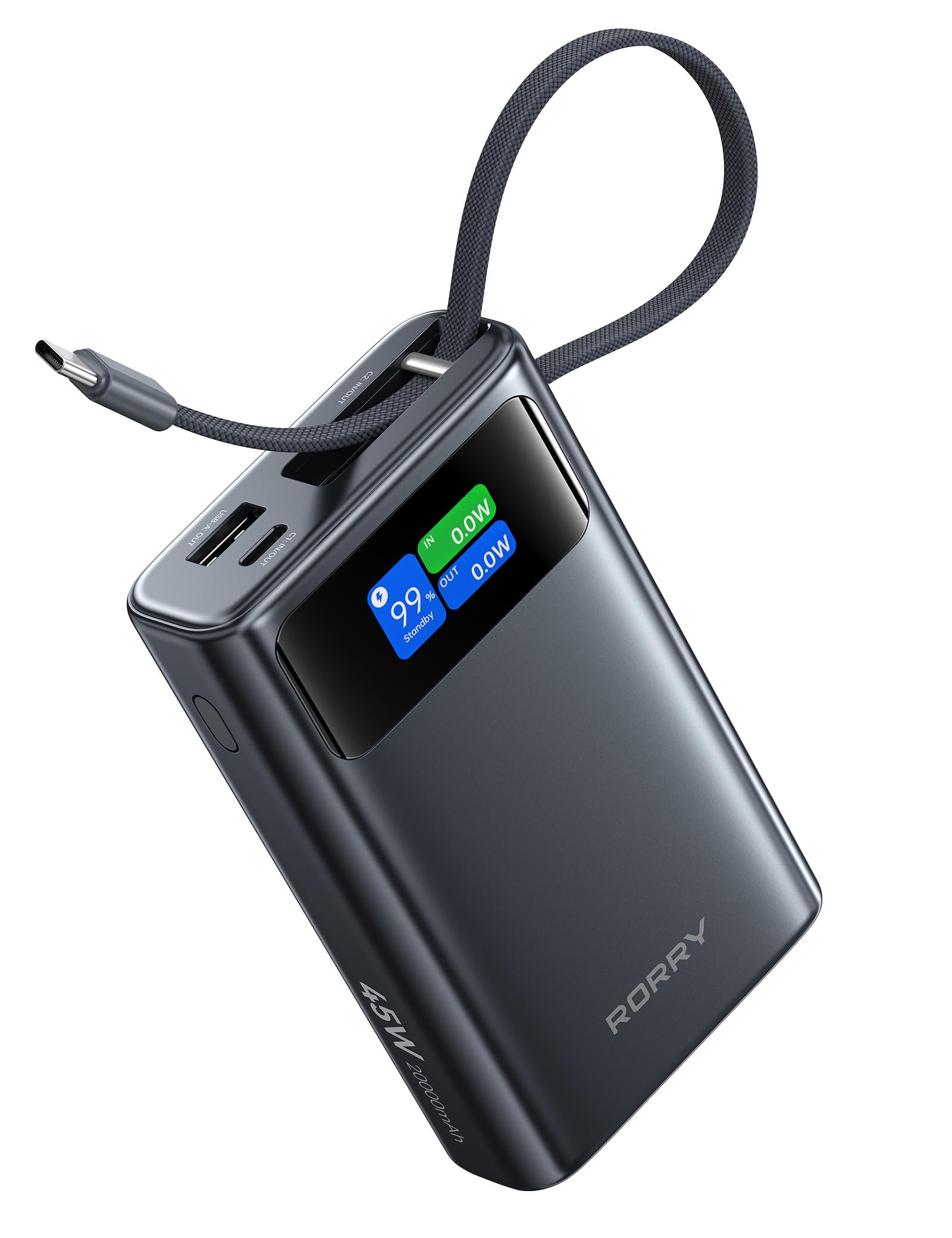 RORRY 45W Portable Charger, 20000mAh Power Bank Fast Charging with Extended Built-in USB C Cable, Travel Battery Pack for iPhone 17/16/15, Samsung Galaxy, Google, iPad, MacBook, Dark Gray - 1