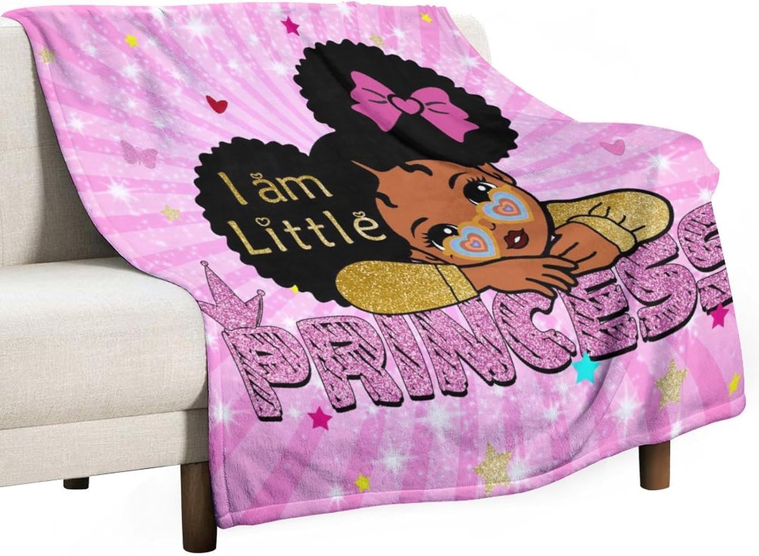 African Black Girl Blanket Cartoon Fantasy Pink Star Butterfly Princess Girl Print Blanket for Girls Kids Room Nursery Couch Sofa Bed Decorative Gifts 30x40