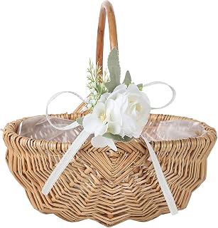 Wnvivi Flower Girl Basket with Handle,Hand-Woven Picking Basket Eggs Storage Basket,Rustic Wedding Petal Wicker Rattan Baskets for Party Event Decor(White)