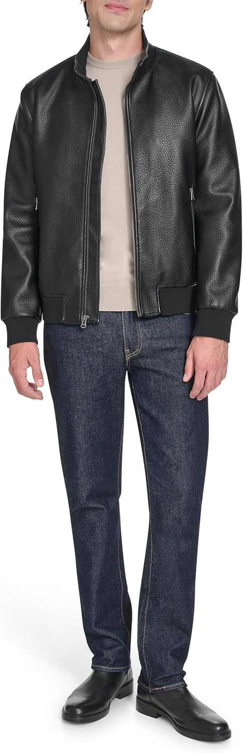 Cole Haan Men's Stand Collar Pebbly Texture Faux Leather Jacket