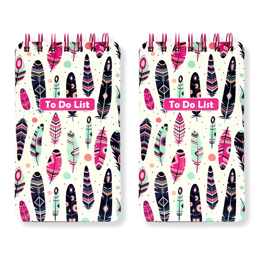 Tot Tales To-Do List Set of 2 Size (17 x 10 cm) 192 Ruled Pages, 80 GSM Spiral Bound Notebooks for Daily Tasks, Checklists - Bohemian Feathers Set of 2