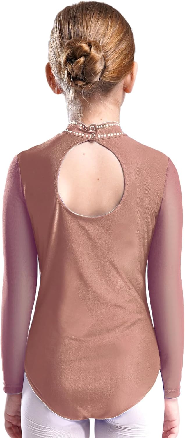 Kids Girls Ice Figure Skating Dress Long Sleeve Shiny Rhinestones Skirted Leotard Ballet Dance Dresses Dancewear