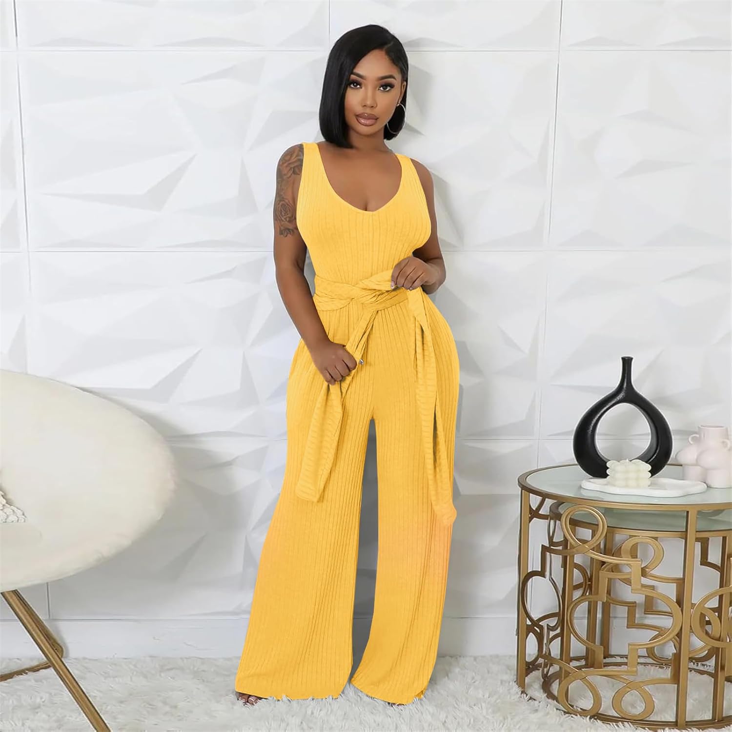 Women's Casual 2 Piece Outfits Ribbed Knitted Batwing Long Sleeve Cardigan Tank Wide Leg Jumpsuits Sets With Pocket - Image 4