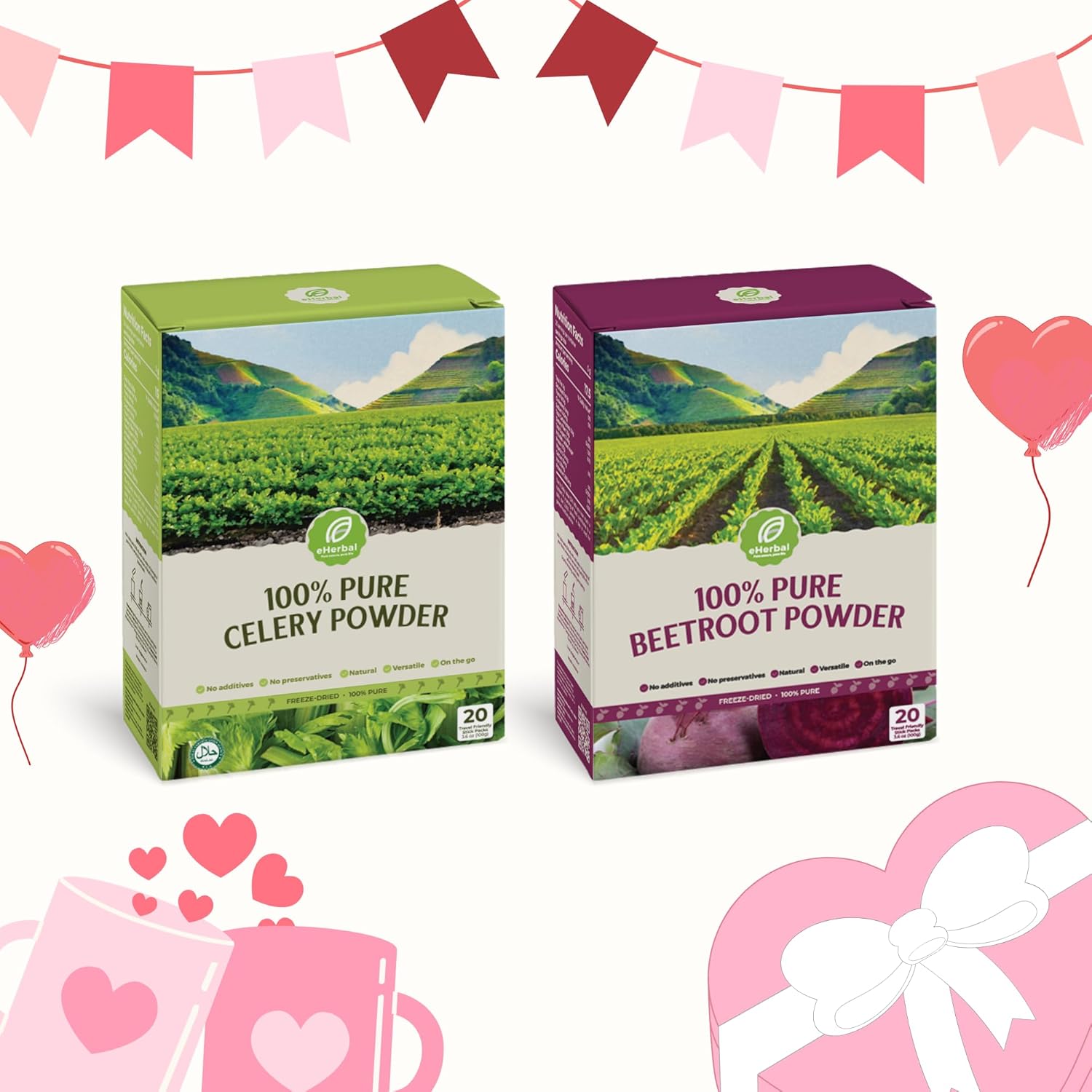 Valentine Special Wellness Duo: eHerbal Beetroot & Celery Powder Pack | 40 Convenient Sticks for Heart Health, Energy & Natural Detox | Non-GMO, 100% Plant-Based Superfood Blend