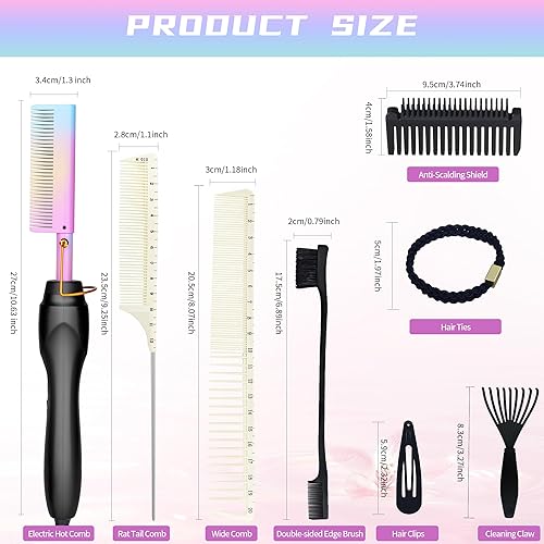 Miniatura 23 de Alisador de pelo, cepillo eléctrico de peine caliente con superficie de calentador de cerámica, calentamiento rápido, doble voltaje, temperatura