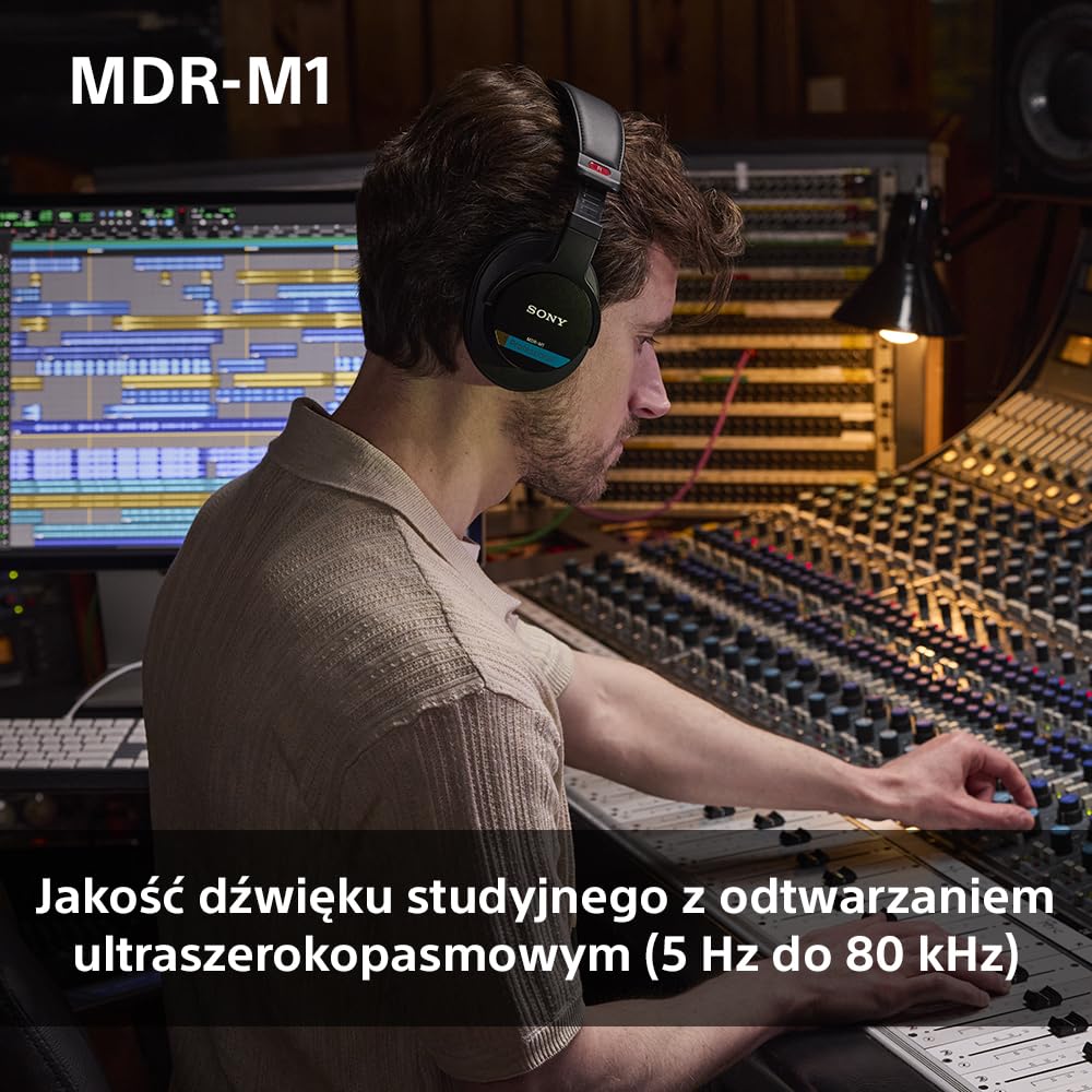 Sony Mdr-M1 Słuchawki Studyjne Zamknięte, Przewodowe, Szerokopasmowe (5 Hz–80 Khz), Optymalne Do Nagrywania i Miksowania w Studio, Lekkie (216G), w Zestawie 2 Optymalnej Klasy Odłączane Kable, Czarne
