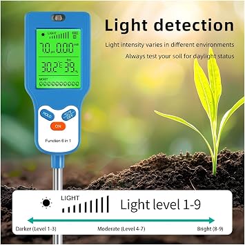 Soil Analyzer, 6 In 1 Soil Tester PH Temperature Humidity Sunlight Air Moisture Nutrient Fertility Meter Soli Detector Gardening Tool