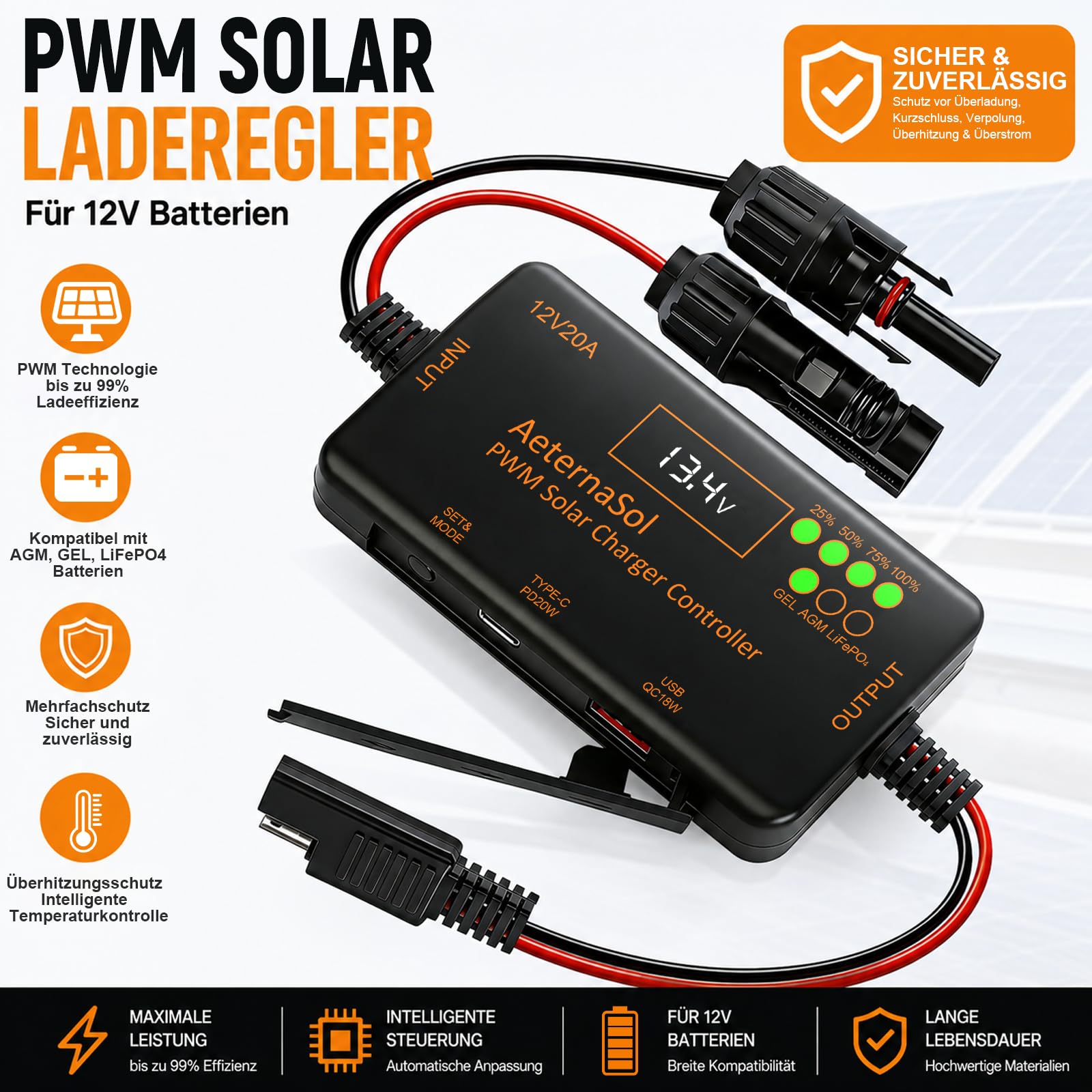 MPPT Solar Laderegler 10A mit USB-C 36W + USB 18W Schnellladung, Solarladeregler 12V mit LCD Display, Laderegler Solar 12V für LiFePO4, AGM & GEL Batterien, 30V VOC, Wohnmobil, Camping, Boot