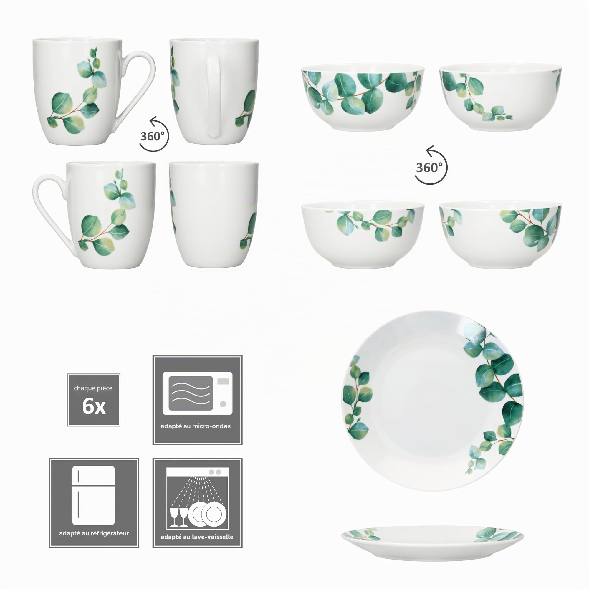 MamboCat Set de Petit-Déjeuner 18 Pièces Eucalyptus I 6 Assiettes, Bols 400 ml et Tasses à Café 340 ml pour 6 Personnes I Vaisselle en Porcelaine Décor Plantes Vertes