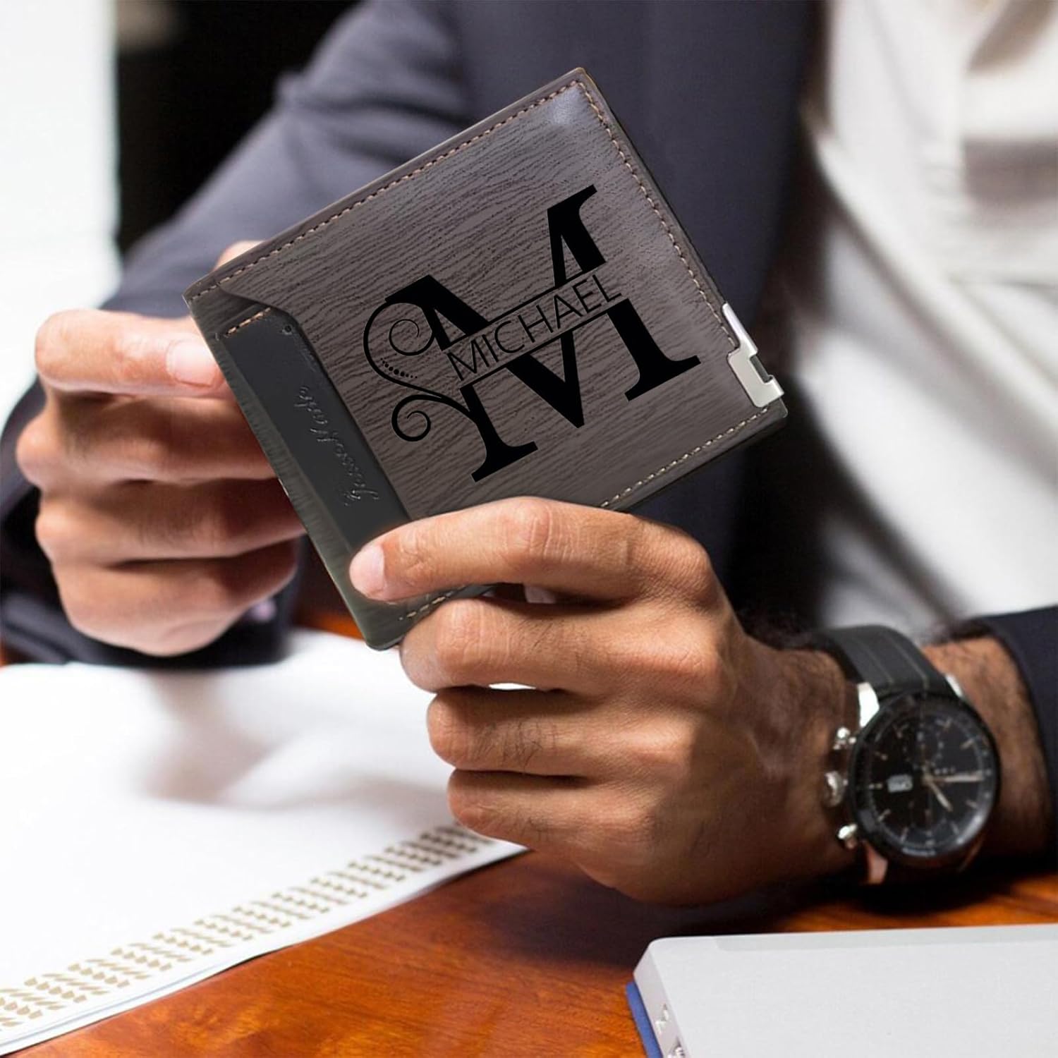 OPALSTOCK Father's Day Gifts for Men Personalized Men Wallet PU Faux Leather Men Wallet Custom Engraved Photo Text for Boyfriend Husband Dad Son Christmas Gifts for Dad - Shipping from the LA