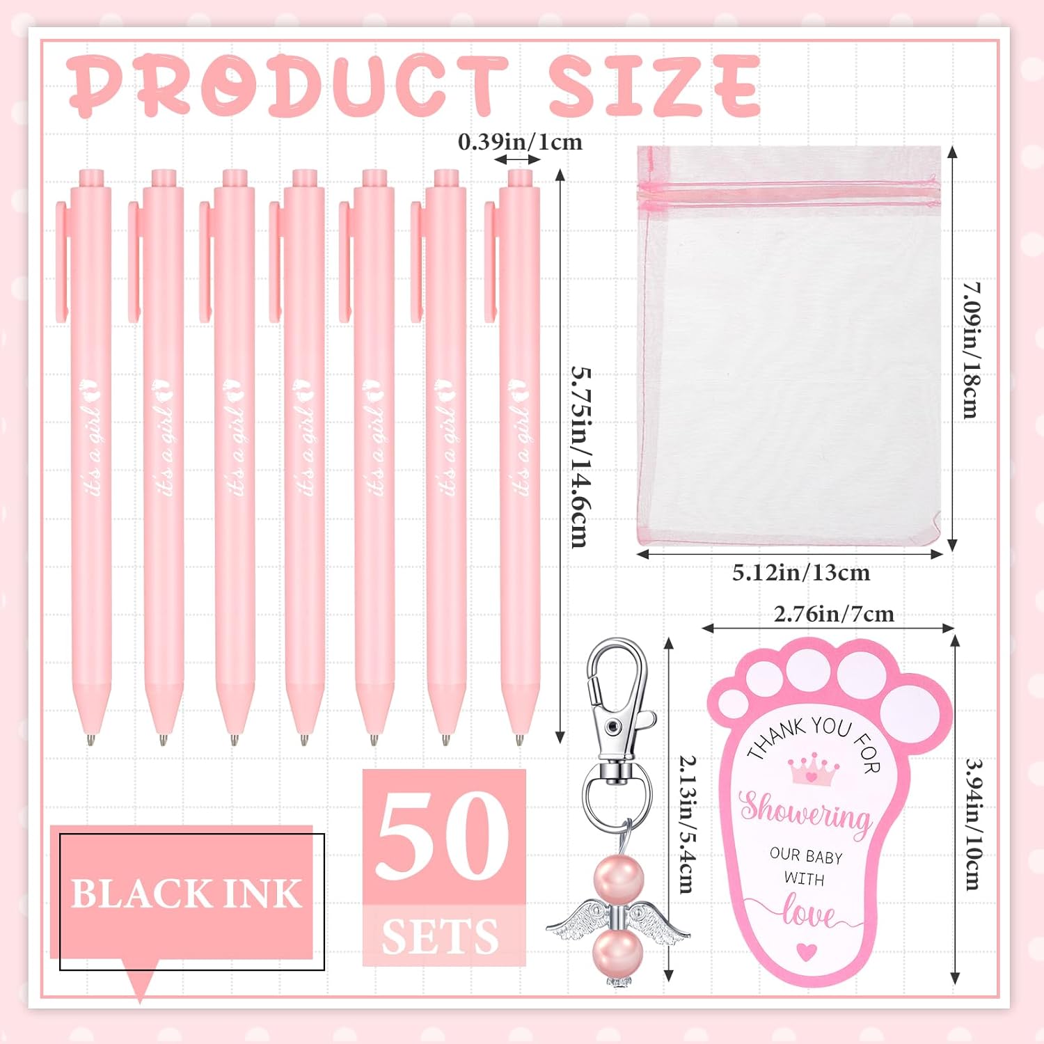 Ctosree 250 Pcs Baby Shower Favors Includes Ballpoint Pens Angel Keychains Organza Bags Thank You Cards for Guest Gifts Baby Shower Gender Reveal Party(Pink,It's a Girl)