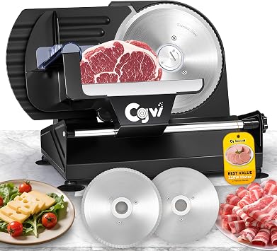 Meat Slicer, 220W Electric Deil Food Slicer with 2 Removable 7.5 Blades, 4/5 Adjustable Thickness, Food Slicer Machine for Home Cutting Meat Cheese Bread Vegetables, 110V CE