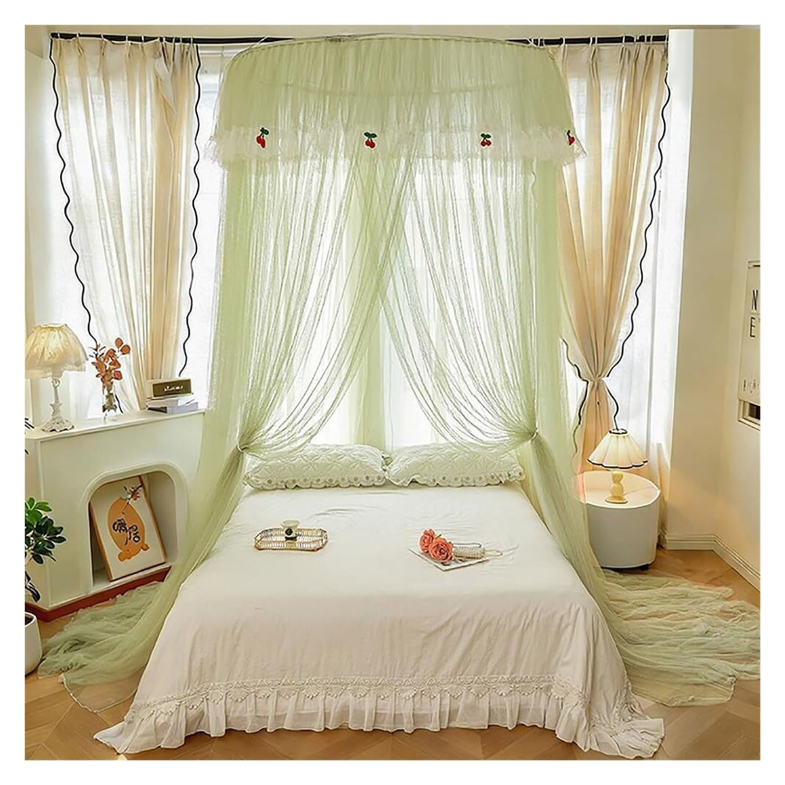 Baldaquin moustiquaire de lit vert dôme dentelle pour chambre zen