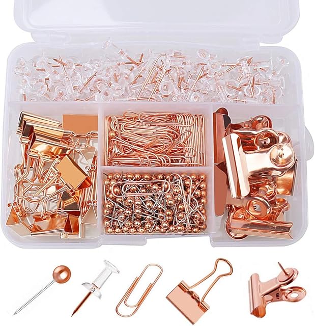 kuou 500 PCS Rose Gold Office Stationery, 300 PCS Map Pins+100 PCS Transparent Push Pins + 80 PCS Paper Clips+14 PCS Binder Clips +6 PCS Metal Clips for Office, School and Home Supplies
