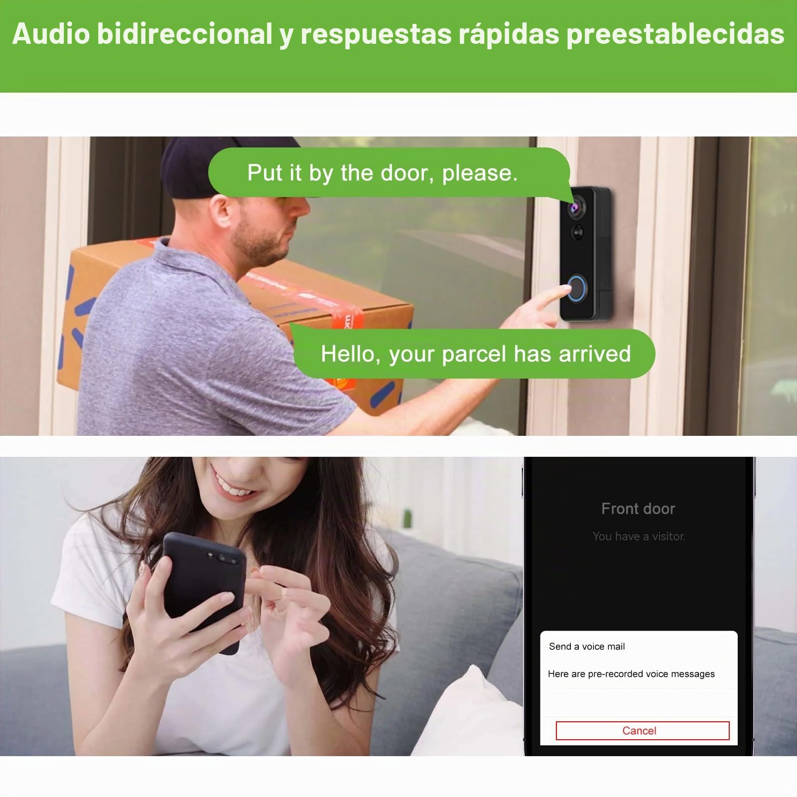 Timbre de video inalámbrico con timbre de cabeza a pies 2K HD Smart WiFi Timbre de puerta con cámara de detección de movimiento funciona con pilas, visión nocturna, tarjeta SD de audio bidireccional y
