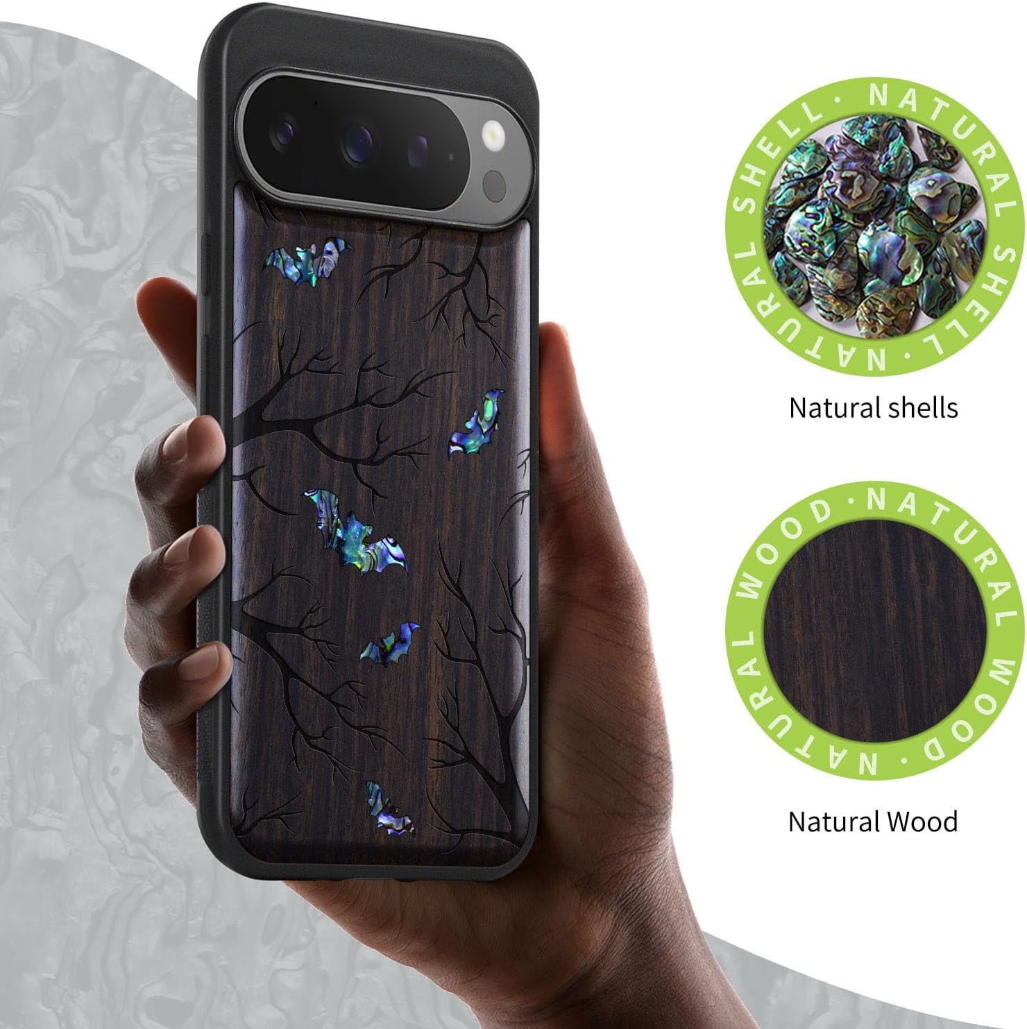 Carveit Magnetic Wooden Case for Pixel 9 Pro / 9 Pro Case, Wood Artisan Engraved & Handmade Shell Inlaid, Compatible with MagSafe Wireless Chargers, Bats Amidst Moonlit Branches - Blackwood