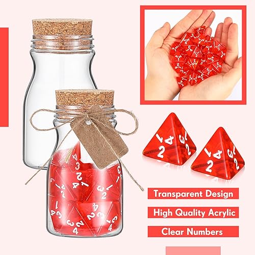 Miniatura 8 de Wettarn 120 dados D4 transparentes rojos D4, 6 piezas de botella de poción de plástico con tapas de corcho, juego de dados poliédricos para