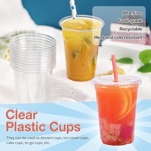 Miniatura 6 de Vasos de plástico transparente de 12 onzas con tapas planas, vasos de plástico desechables para bebidas frías, vasos de plástico desechables para