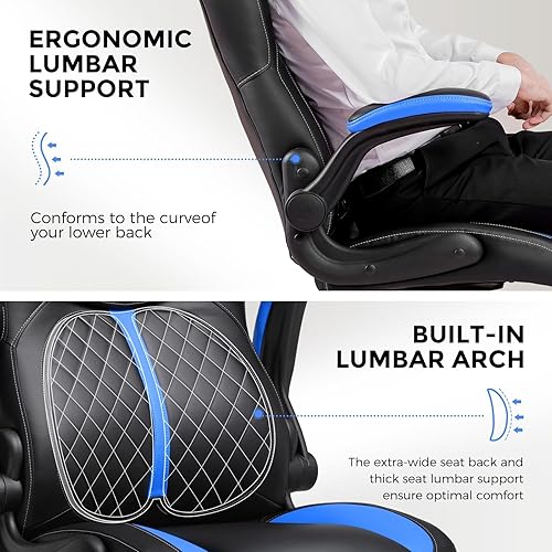 Miniatura 7 de COMHOMA Silla ergonómica para juegos de oficina para adultos, con soporte lumbar, brazos abatibles, altura ajustable, ruedas giratorias de piel