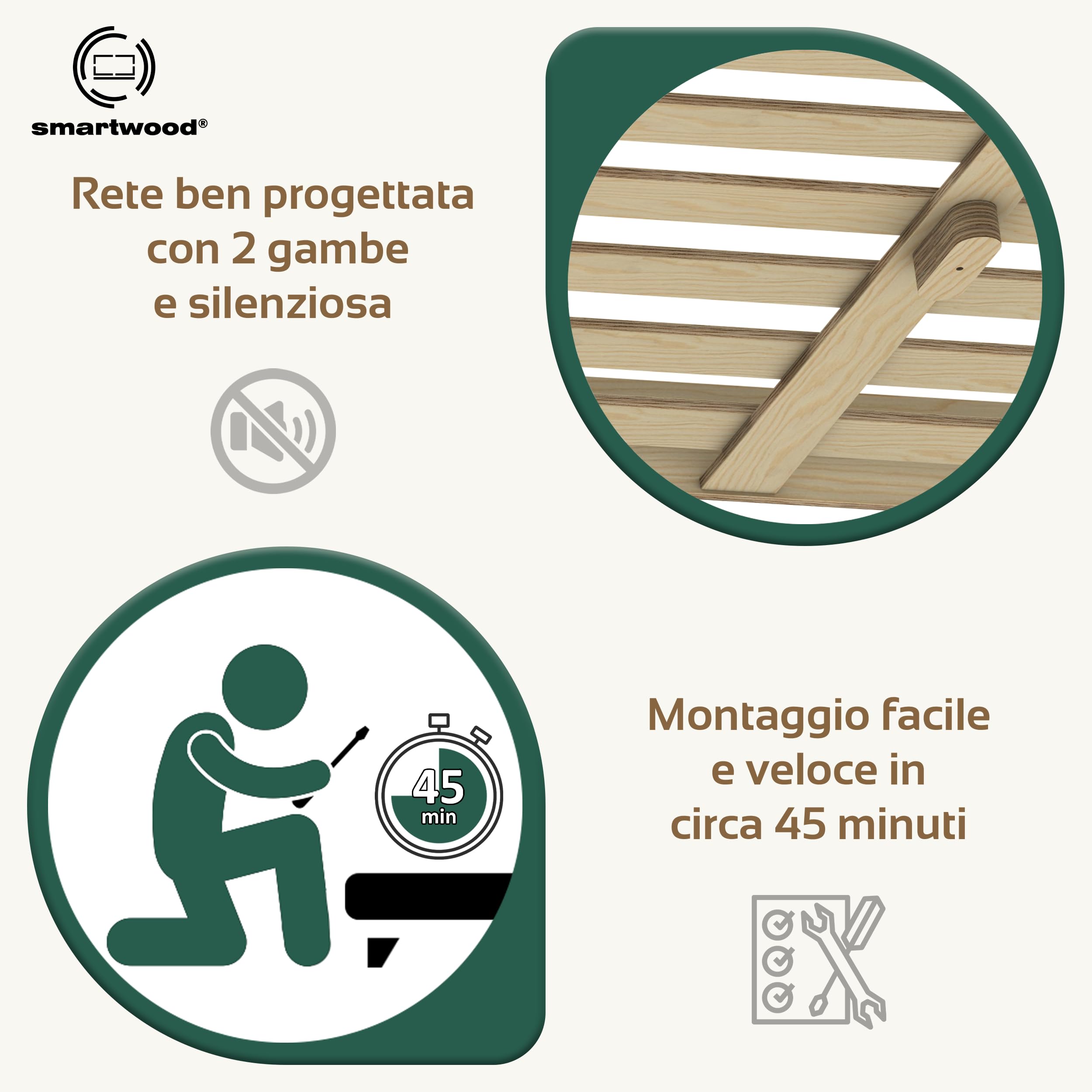 smartwood Struttura Letto Matrimoniale 160x200 cm con Rete e Materasso - Letto in legno di pino FSC portata fino a 300 kg - Giroletto Matrimoniale durevole per adulti TILA 7