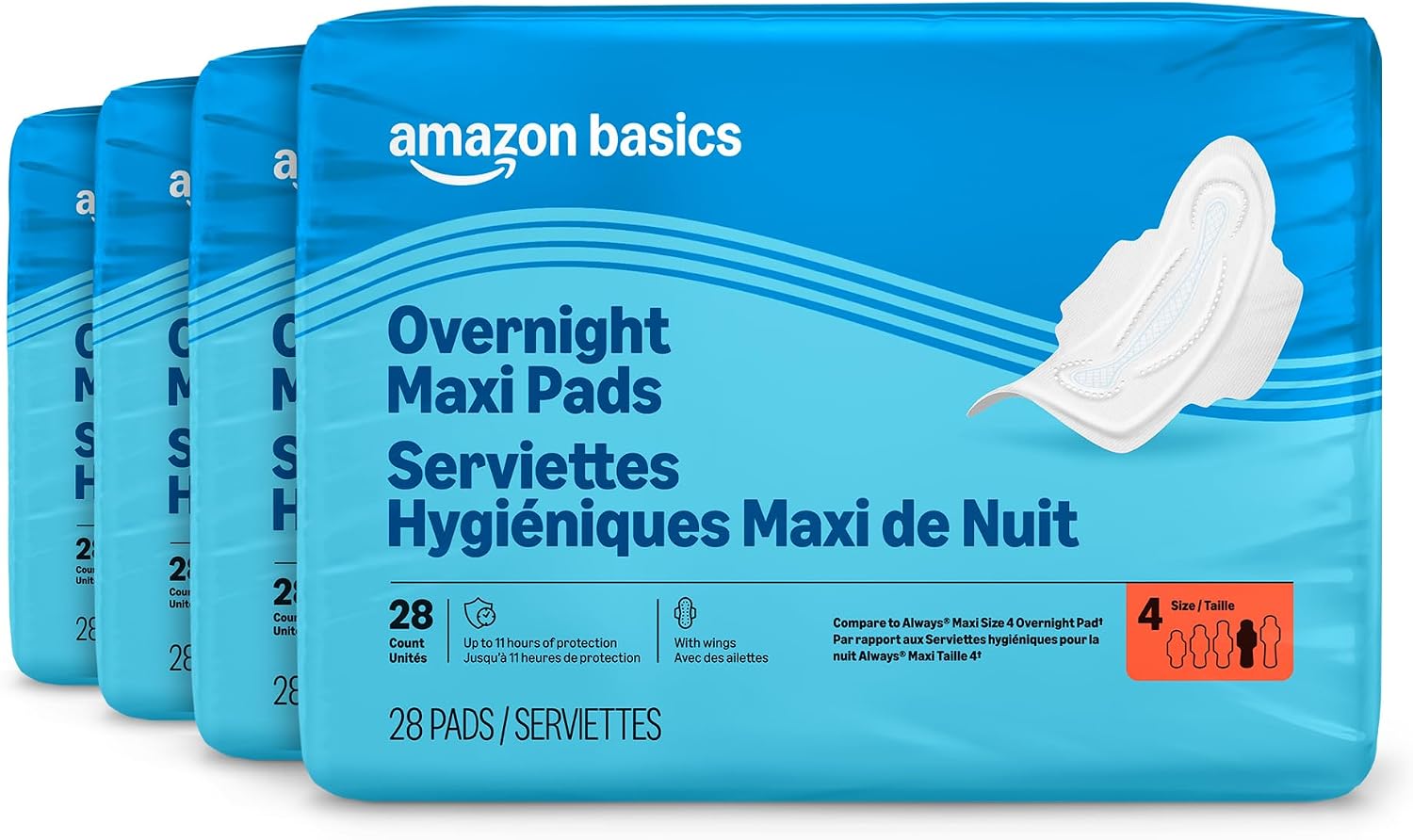 Amazon Basics Thick Maxi Pads with Wings for Periods, Overnight Absorbency, Feminine Pads, Unscented, Size 4, 112 Count (4 Packs of 28), Packaging May Vary