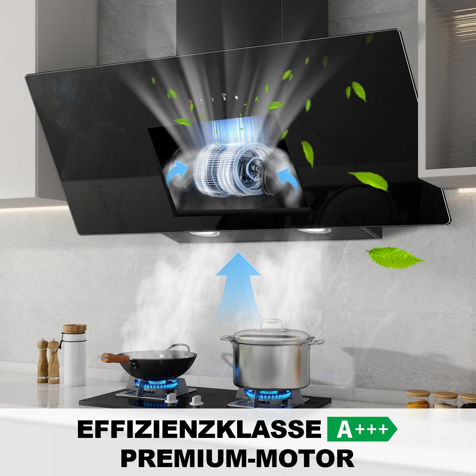 TopStrong Cappa aspirante 90 cm, Cappa Cucina Inclinata 90cm con Filtro a Carboni, 450 m³/h, Ricircolo & Canalizzazione, 3 Livelli di Regolazione + Booster, 58 dB, LED, Nero, Efficienza A+++ - 3