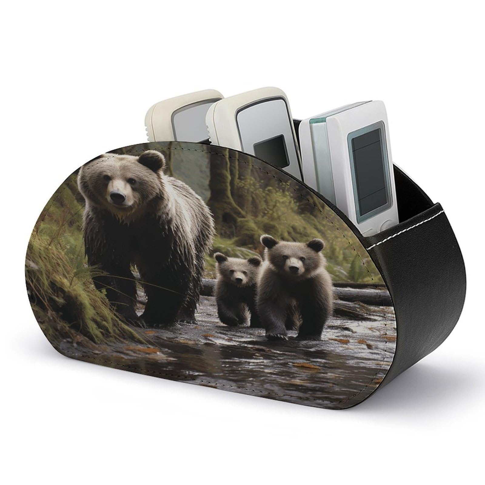 VstaDank Mother Bear And Her Cubs Remote Control Holder Farmhouse TV Media Remote Storage Box with 5 Compartments PU Leather Remote Caddy Desktop Organizer for Home Bedside Table Organizer