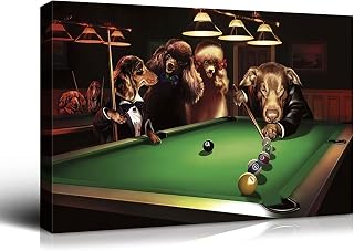 Denozer Dogs Playing Pool Canvas Wall Art Prints 48 x 36 inch Chess and Cards Room Anthropomorphic Dog Game Painting Funny Home Decor Picture for Living Room Bedroom