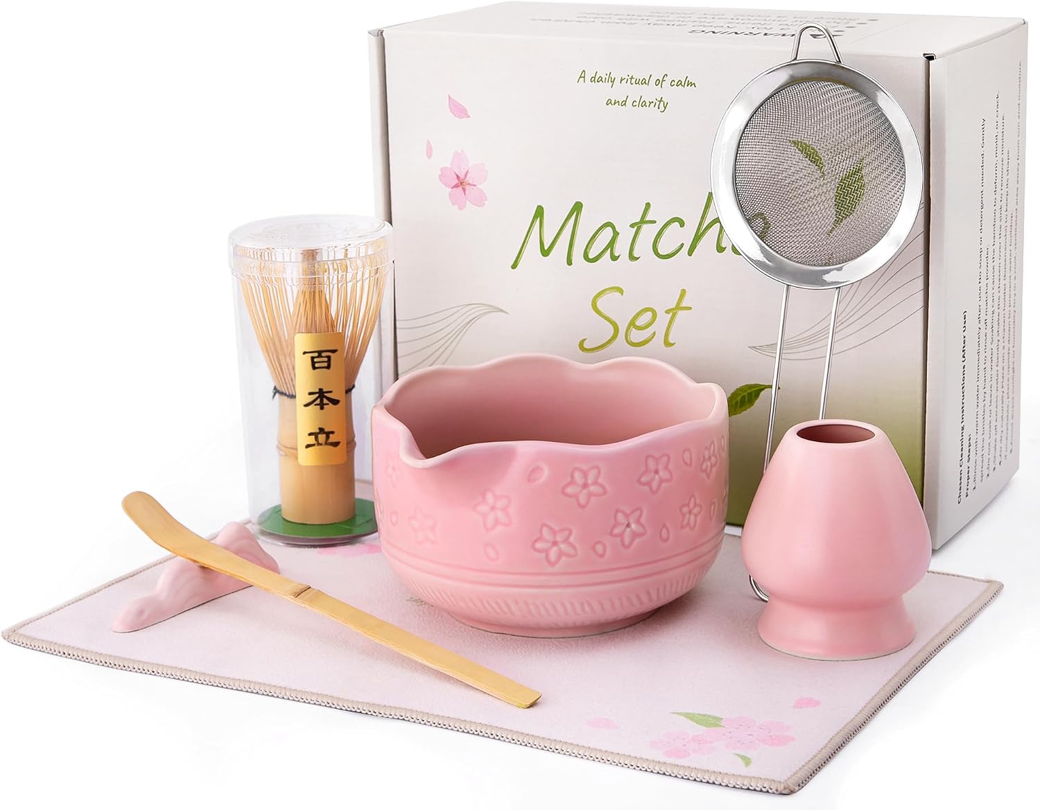 ALBISS Matcha Whisk Gift Set - 7Pcs Ceramic Matcha Kit with 18oz Bowl & Cherry Blossom Design, Bamboo Whisk & Holder, Scoop, Rest, Sifter, Towel, Elegant Japanese Tea Set for Women Macha Lovers, Pink