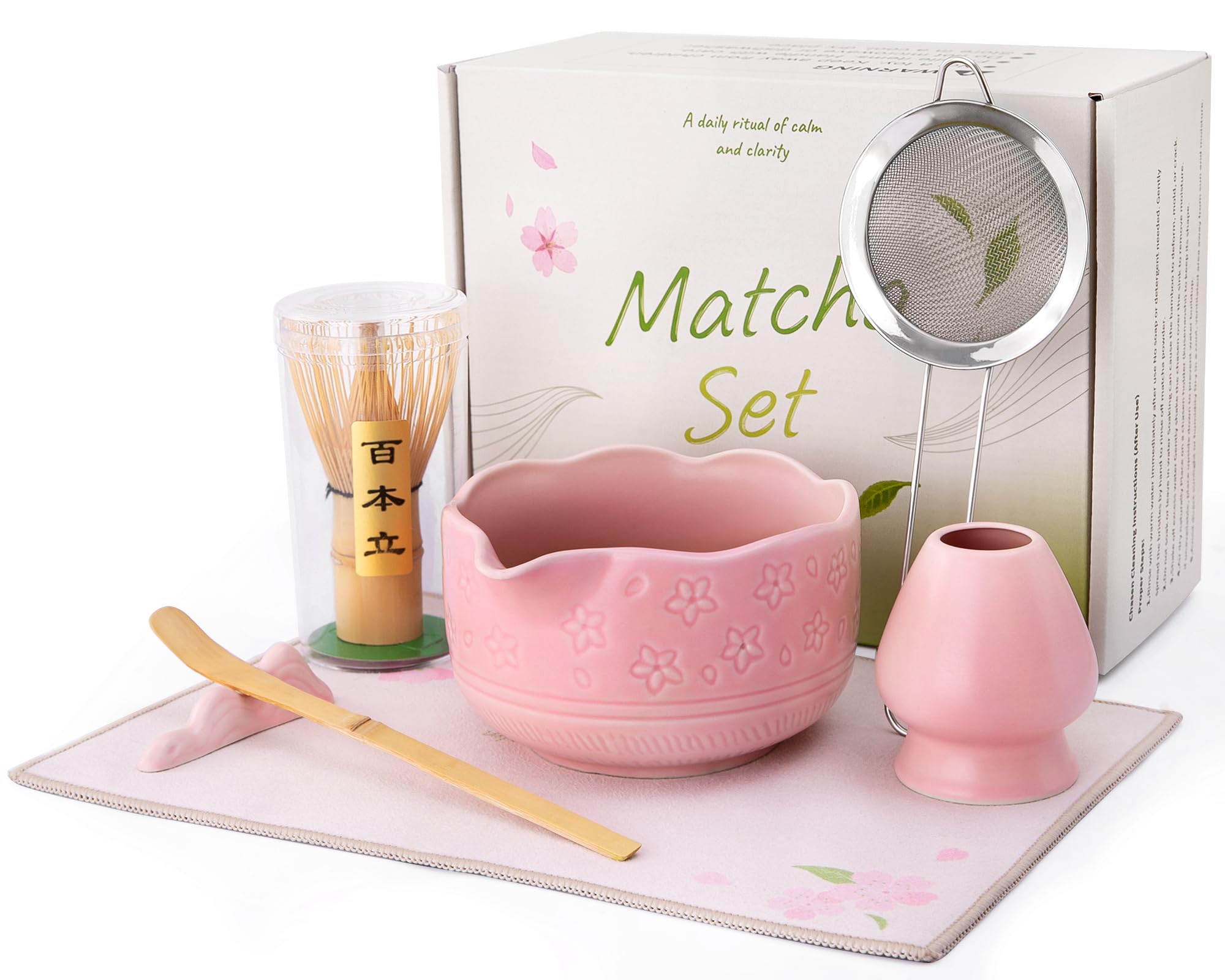 Matcha Kit - Matcha Set 7 pezzi: ciotola in ceramica, frusta e portafrusta, cucchiaio in bambù e porta in ceramica, colino, strofinaccio, regali per principianti e appassionati con elegante scatola