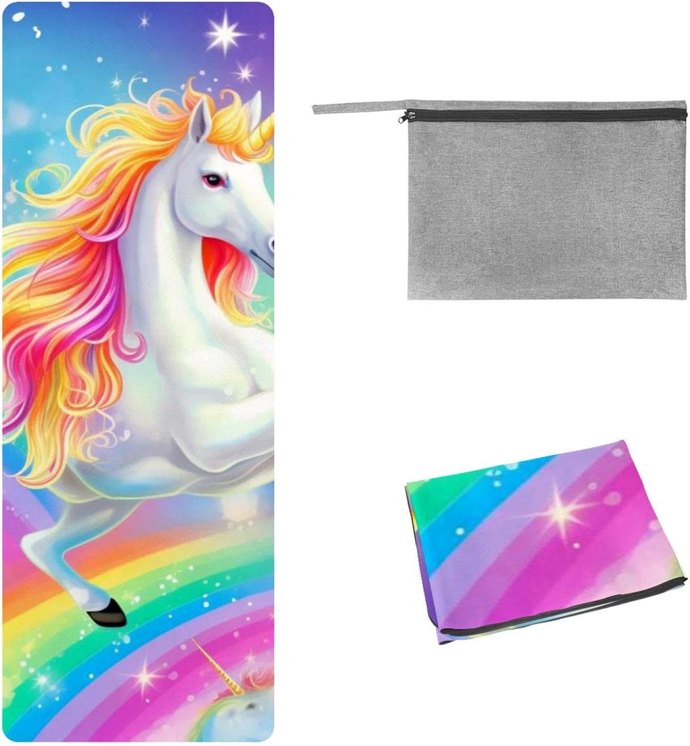 Yoga Towel, Rainbow Unicorn Pattern Non Slip Sweat Absorbent Hot Yoga Mat Towel for Hot Yoga, Pilates and Fitness - 72.8" x 26.8"