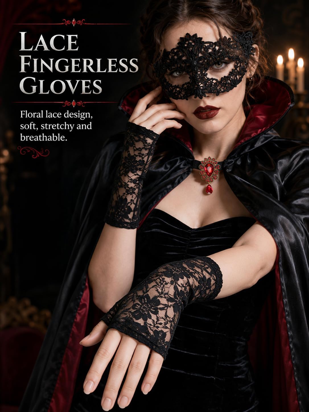 HOMELEX Vampire Accessories Set for Women, Cape Mask Gloves Brooch image 4