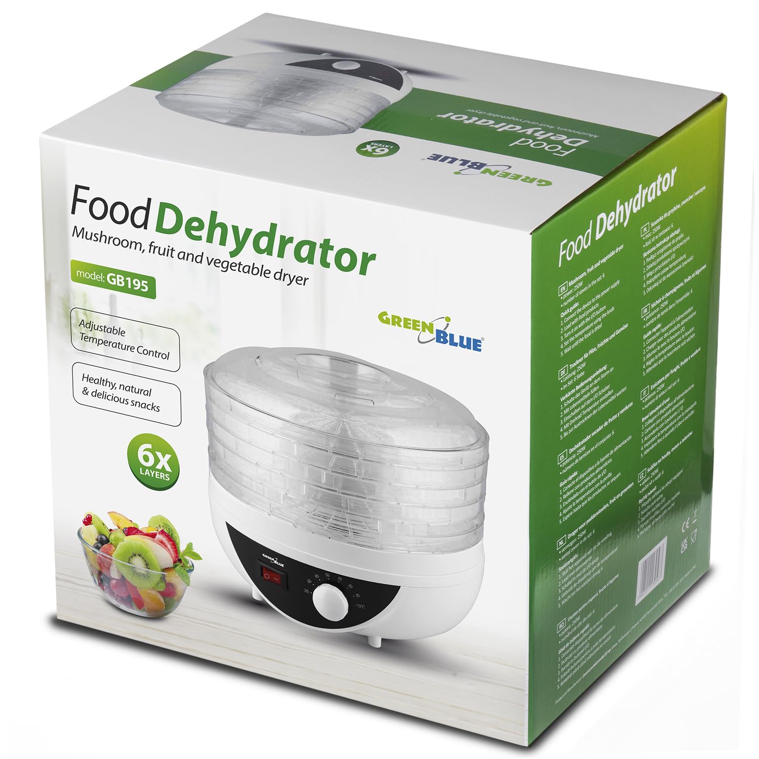 Green Blue GB195 Essiccatore alimentare per funghi, verdure e frutta, erbe 250W, extra silenzioso, 5 setacci Diametro 27 cm Temp regolabile